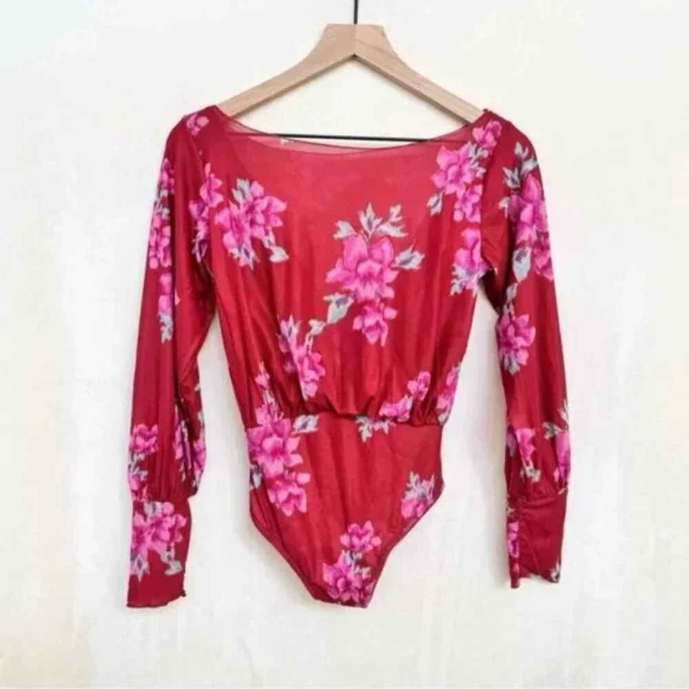 NWOT Free People Intimately Undercover Printed Bodysuit in Cherry Combo